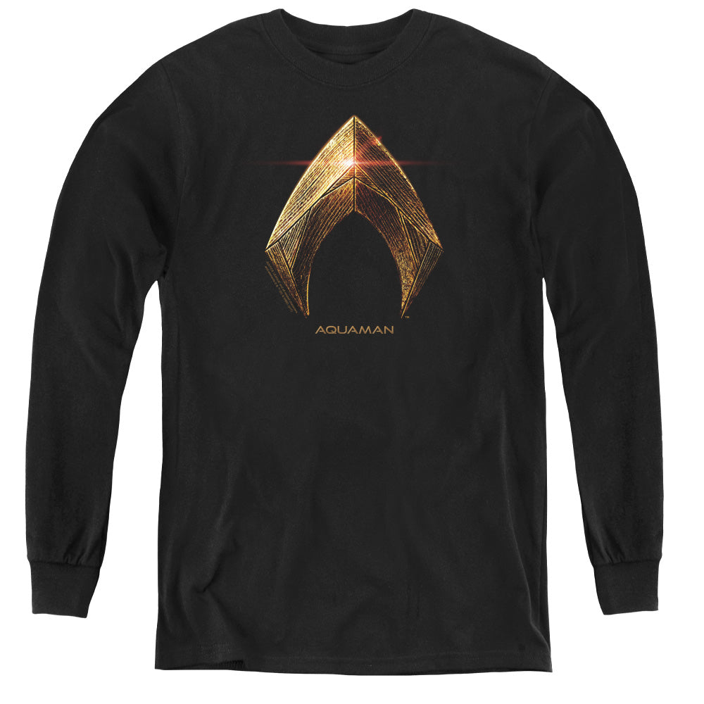 AN OFFCIALLY LICENSED JUSTICE LEAGUE MOVIE AQUAMAN LOGO YOUTH LONG SLEEVE T-SHIRT BLACK
