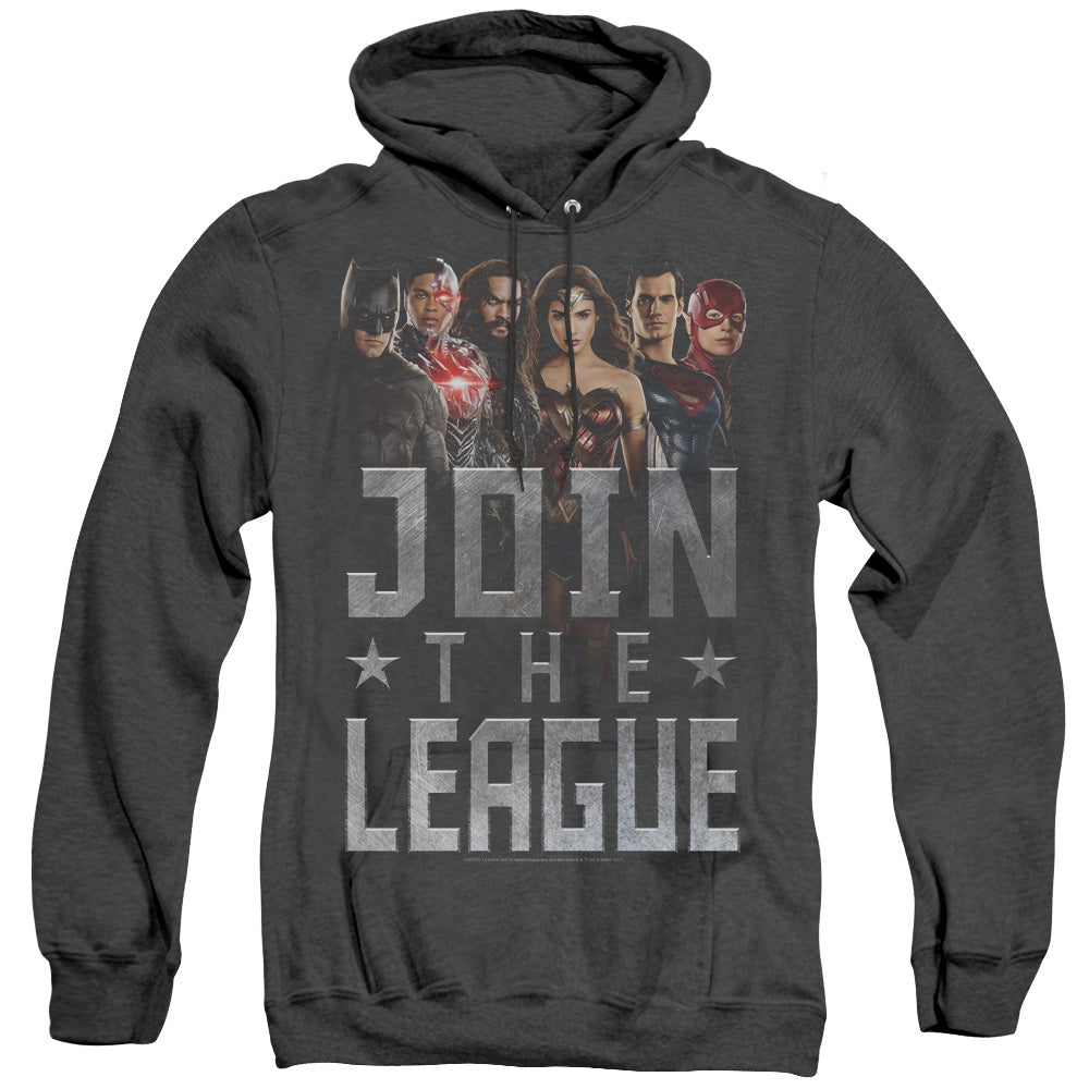 AN OFFCIALLY LICENSED JUSTICE LEAGUE MOVIE JOIN THE LEAGUE ADULT UNISEX HEATHER PULLOVER HOODIE BLACK