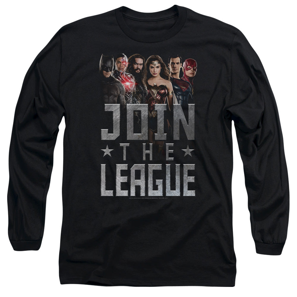 AN OFFCIALLY LICENSED JUSTICE LEAGUE MOVIE JOIN THE LEAGUE MEN'S LONG SLEEVE T-SHIRT BLACK