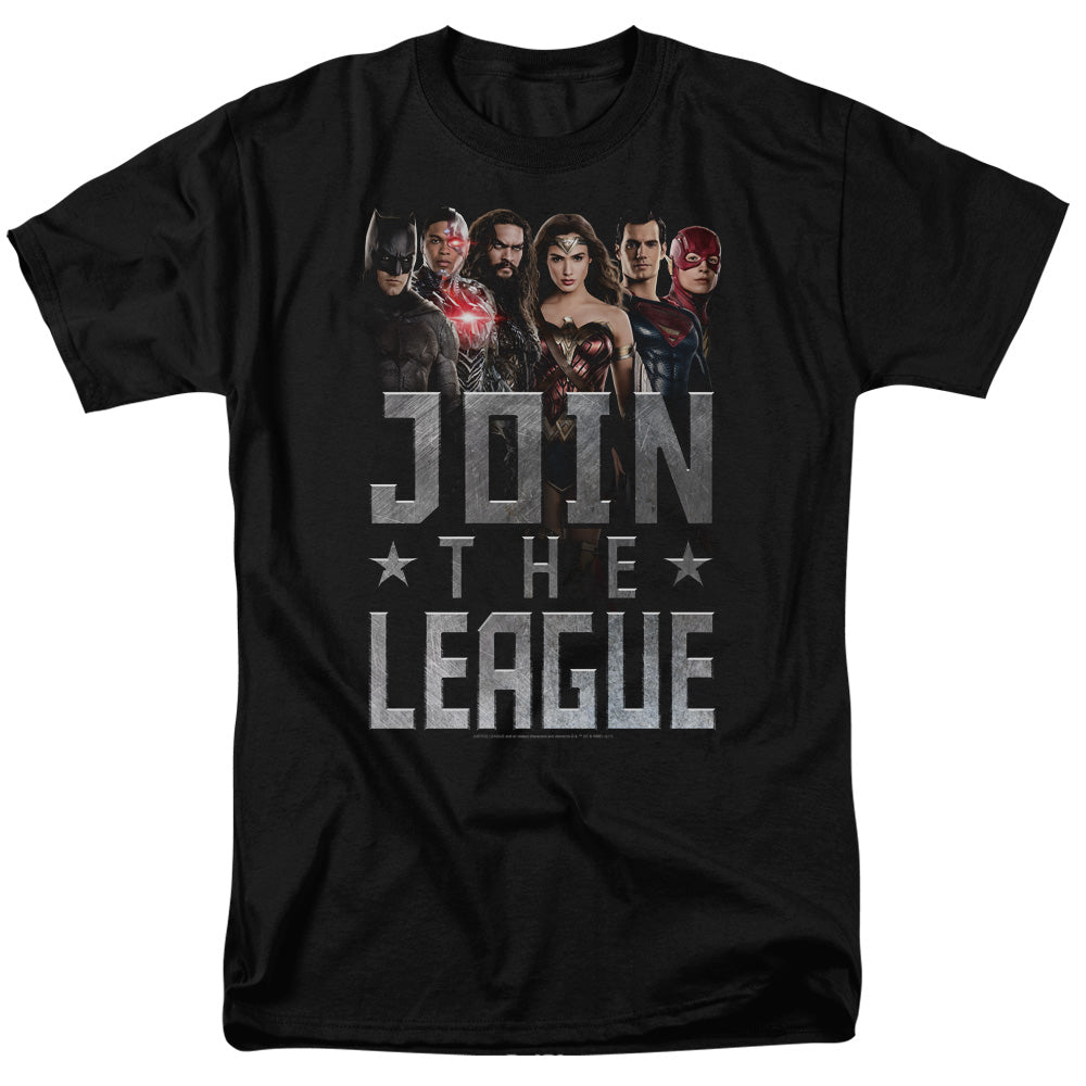 AN OFFCIALLY LICENSED JUSTICE LEAGUE MOVIE JOIN THE LEAGUE MEN'S REGULAR FIT T-SHIRT BLACK