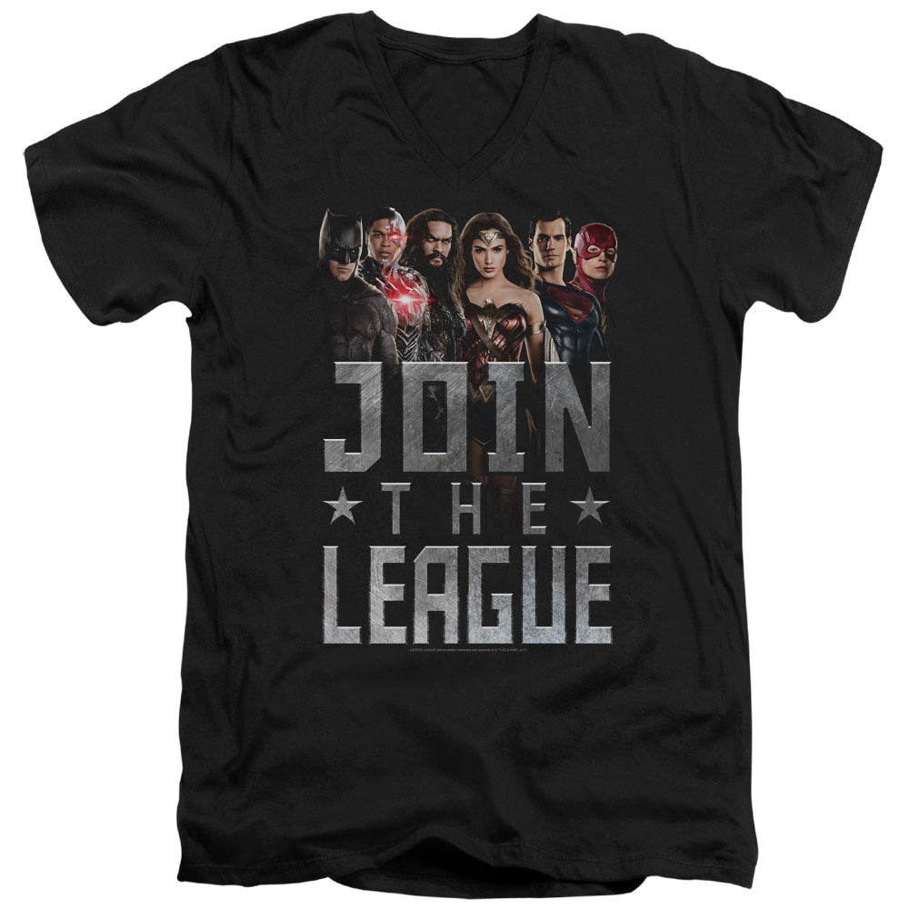 AN OFFCIALLY LICENSED JUSTICE LEAGUE MOVIE JOIN THE LEAGUE MEN'S V-NECK T-SHIRT BLACK