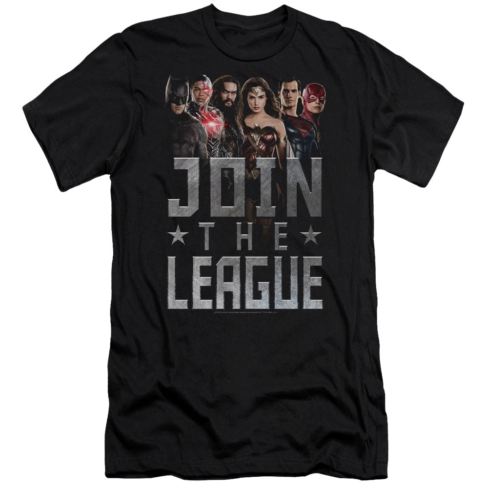 AN OFFCIALLY LICENSED JUSTICE LEAGUE MOVIE JOIN THE LEAGUE MEN'S PREMIUM SLIM FIT T-SHIRT BLACK