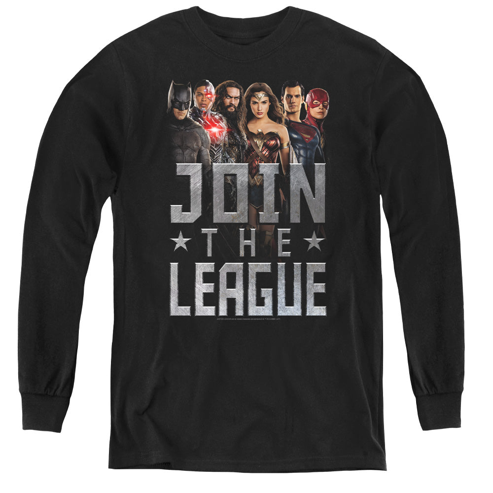AN OFFCIALLY LICENSED JUSTICE LEAGUE MOVIE JOIN THE LEAGUE YOUTH LONG SLEEVE T-SHIRT BLACK