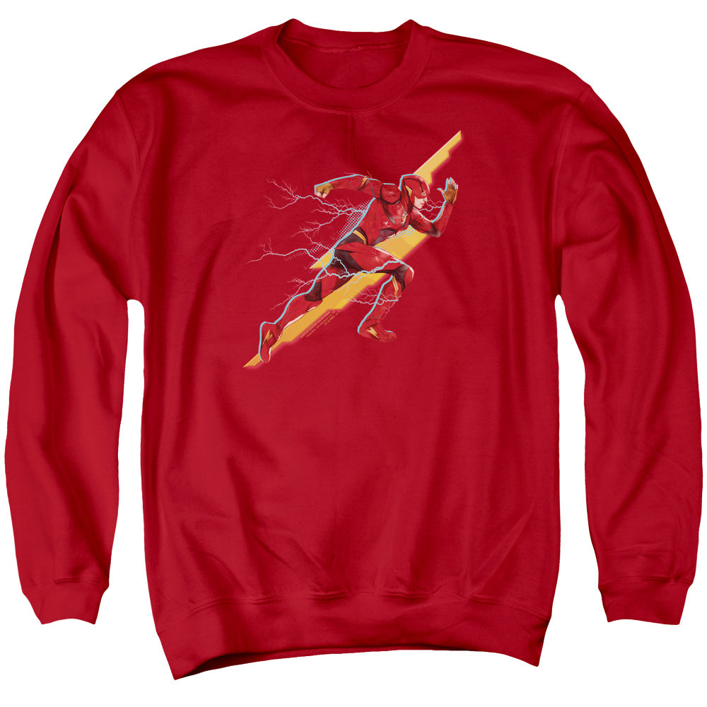 AN OFFCIALLY LICENSED JUSTICE LEAGUE MOVIE FLASH FORWARD ADULT UNISEX CREWNECK SWEATSHIRT RED