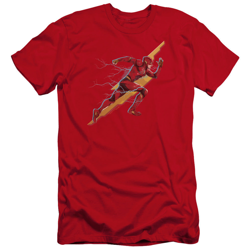 AN OFFCIALLY LICENSED JUSTICE LEAGUE MOVIE FLASH FORWARD MEN'S PREMIUM SLIM FIT T-SHIRT RED