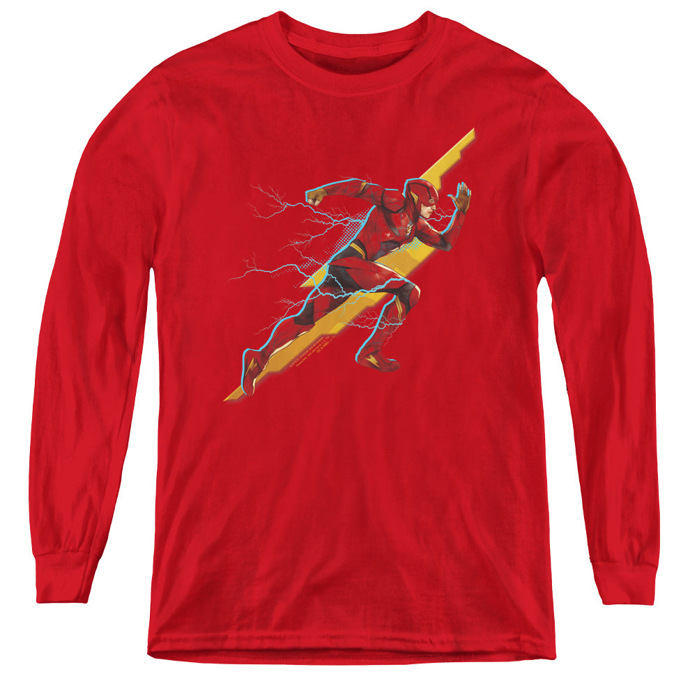 AN OFFCIALLY LICENSED JUSTICE LEAGUE MOVIE FLASH FORWARD YOUTH LONG SLEEVE T-SHIRT RED