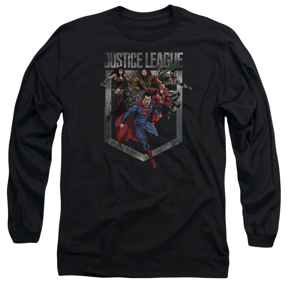 AN OFFCIALLY LICENSED JUSTICE LEAGUE MOVIE CHARGE MEN'S LONG SLEEVE T-SHIRT BLACK