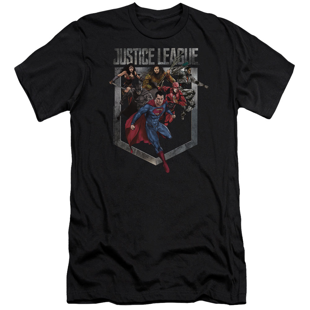 AN OFFCIALLY LICENSED JUSTICE LEAGUE MOVIE CHARGE MEN'S PREMIUM SLIM FIT T-SHIRT BLACK