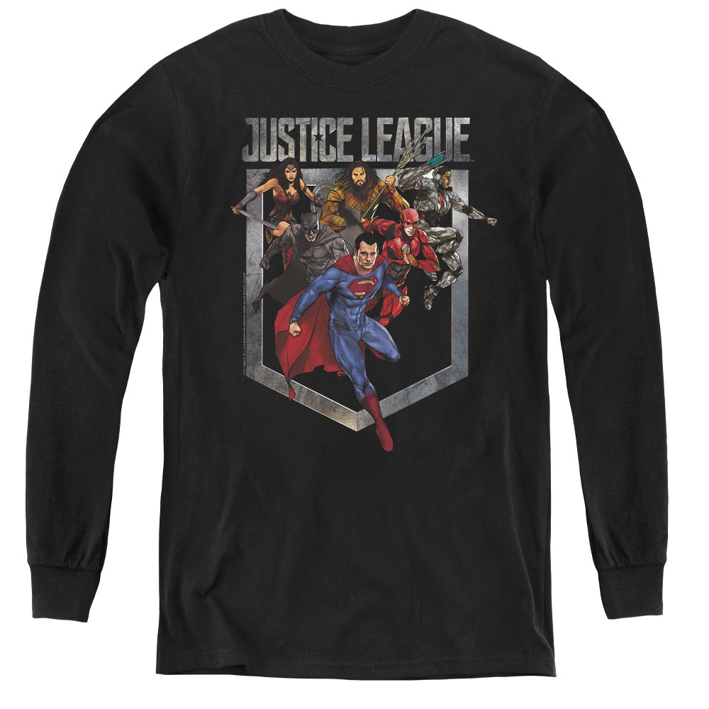 AN OFFCIALLY LICENSED JUSTICE LEAGUE MOVIE CHARGE YOUTH LONG SLEEVE T-SHIRT BLACK