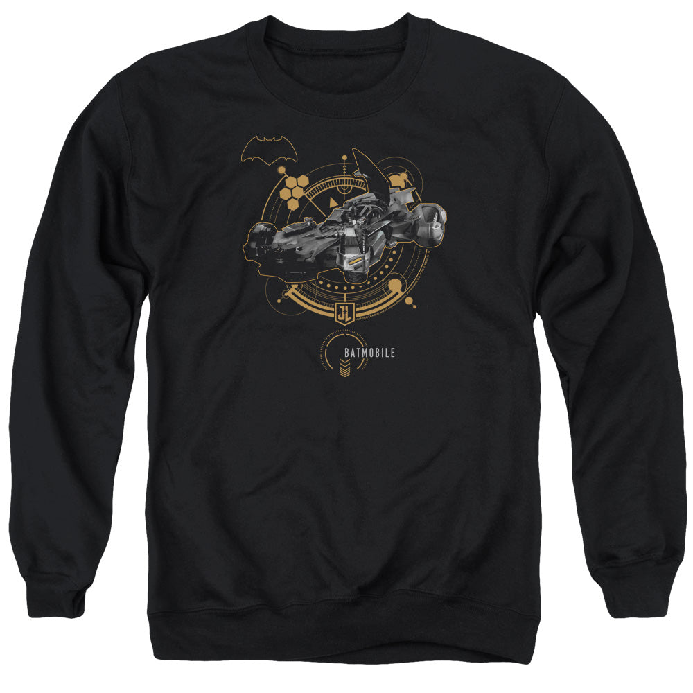 AN OFFCIALLY LICENSED JUSTICE LEAGUE MOVIE BATMOBILE ADULT UNISEX CREWNECK SWEATSHIRT BLACK