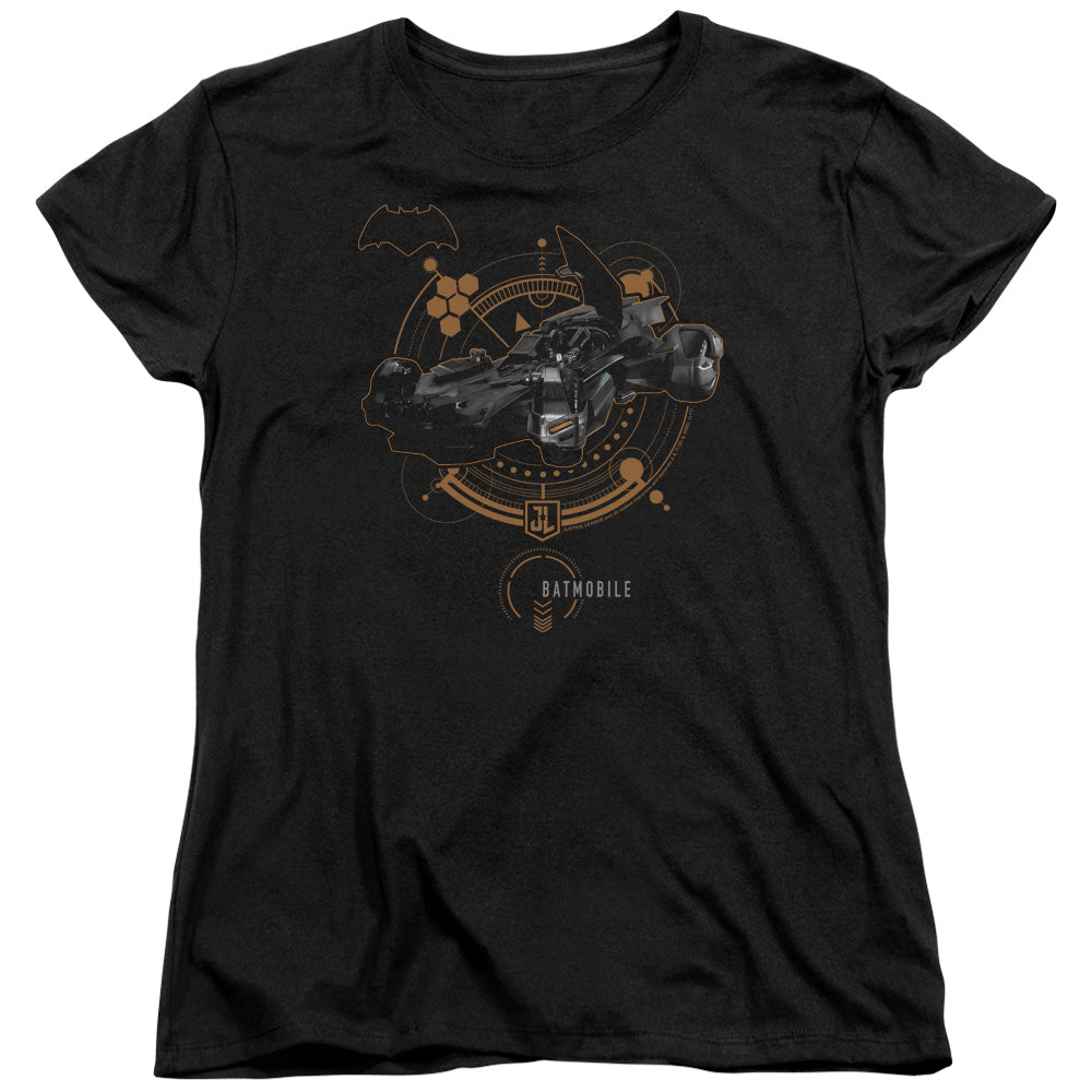 AN OFFCIALLY LICENSED JUSTICE LEAGUE MOVIE BATMOBILE WOMEN'S REGULAR FIT T-SHIRT BLACK