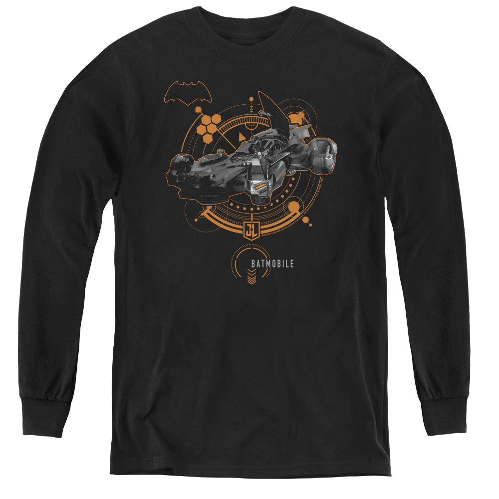 AN OFFCIALLY LICENSED JUSTICE LEAGUE MOVIE BATMOBILE YOUTH LONG SLEEVE T-SHIRT BLACK