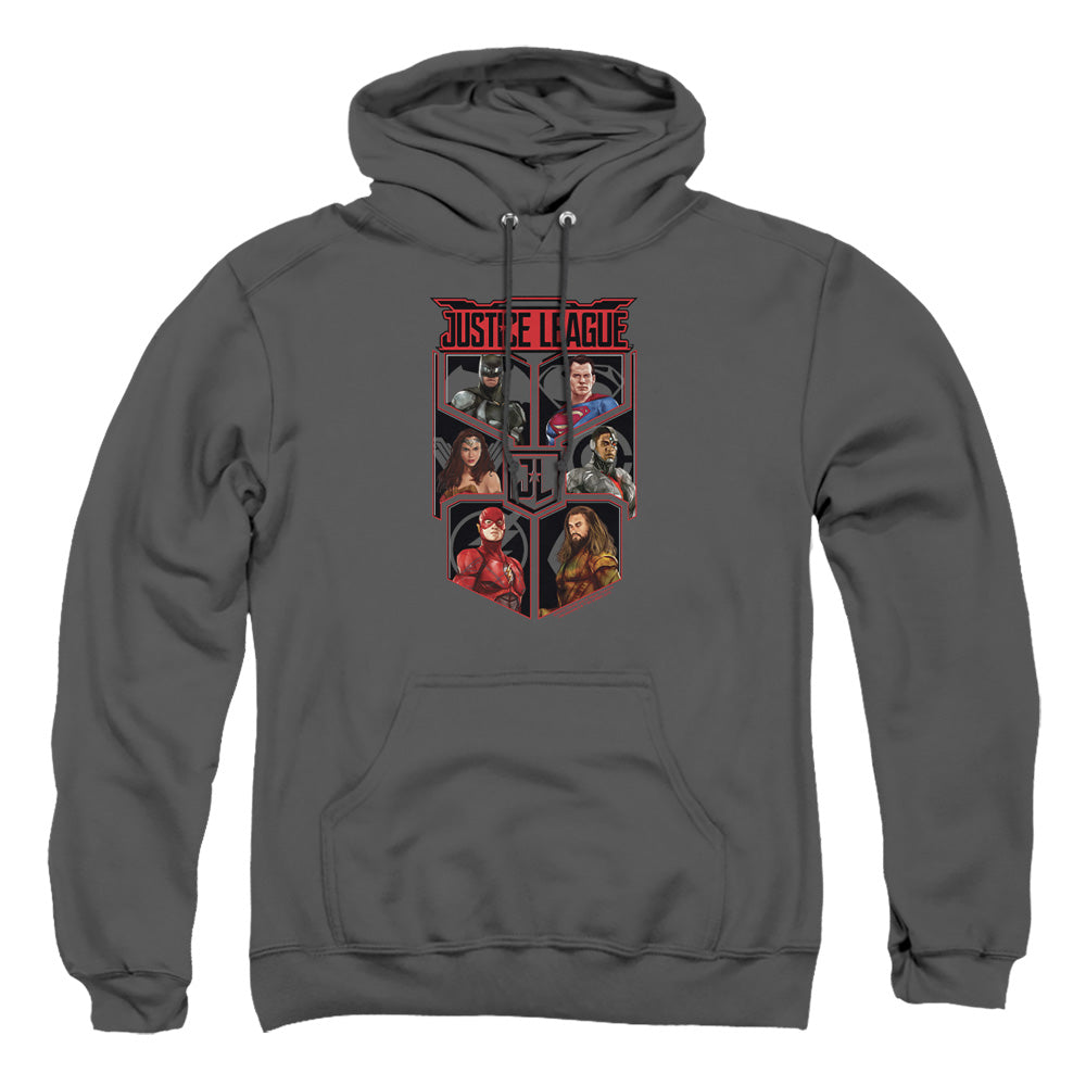 AN OFFCIALLY LICENSED JUSTICE LEAGUE MOVIE LEAGUE OF SIX ADULT UNISEX PULLOVER HOODIE CHARCOAL