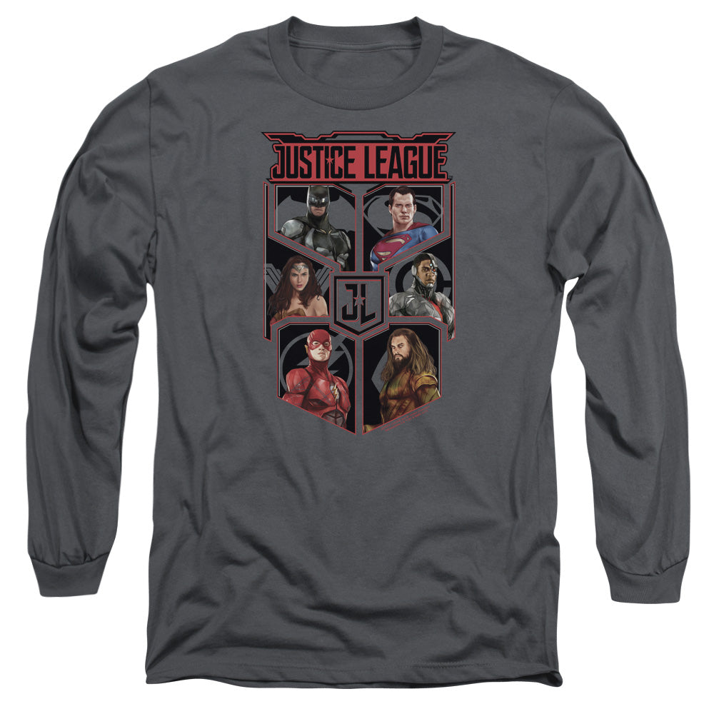 AN OFFCIALLY LICENSED JUSTICE LEAGUE MOVIE LEAGUE OF SIX MEN'S LONG SLEEVE T-SHIRT CHARCOAL