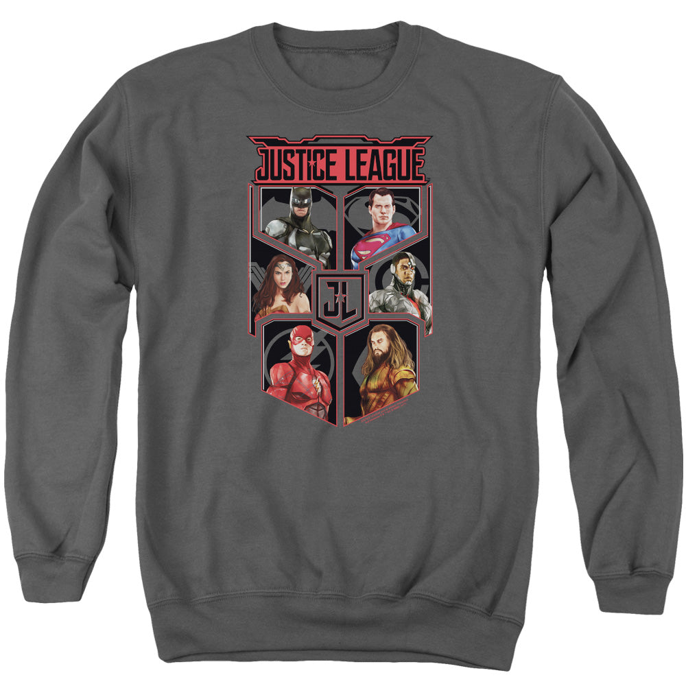 AN OFFCIALLY LICENSED JUSTICE LEAGUE MOVIE LEAGUE OF SIX ADULT UNISEX CREWNECK SWEATSHIRT CHARCOAL