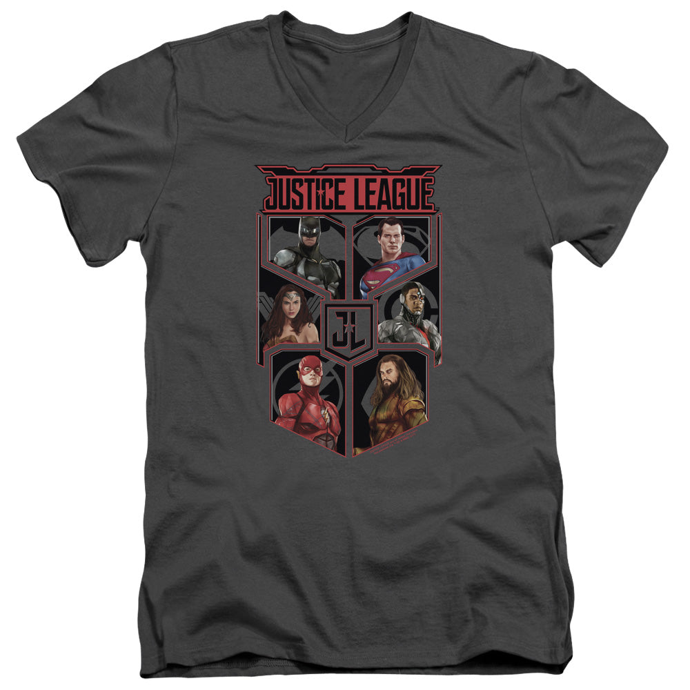 AN OFFCIALLY LICENSED JUSTICE LEAGUE MOVIE LEAGUE OF SIX MEN'S V-NECK T-SHIRT CHARCOAL