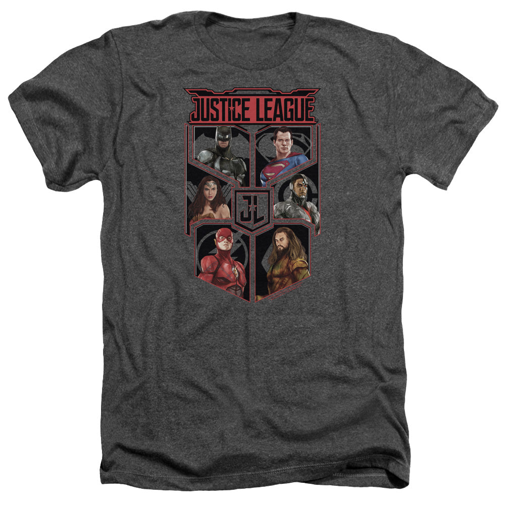 AN OFFCIALLY LICENSED JUSTICE LEAGUE MOVIE LEAGUE OF SIX MEN'S HEATHER T-SHIRT CHARCOAL