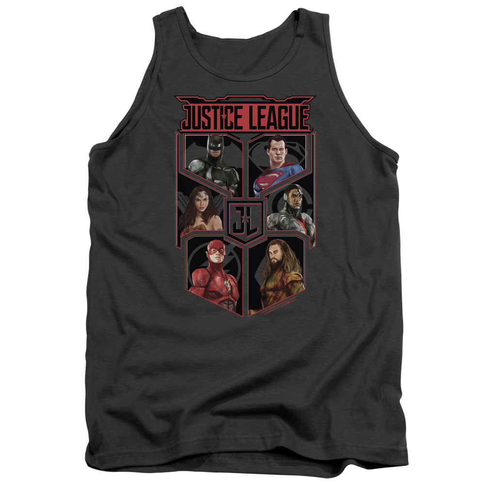 AN OFFCIALLY LICENSED JUSTICE LEAGUE MOVIE LEAGUE OF SIX ADULT UNISEX TANK TOP CHARCOAL