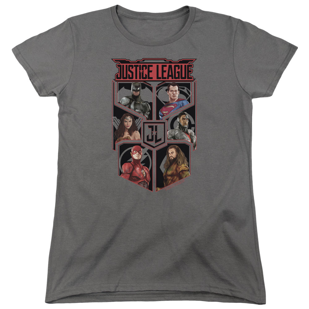 AN OFFCIALLY LICENSED JUSTICE LEAGUE MOVIE LEAGUE OF SIX WOMEN'S REGULAR FIT T-SHIRT CHARCOAL