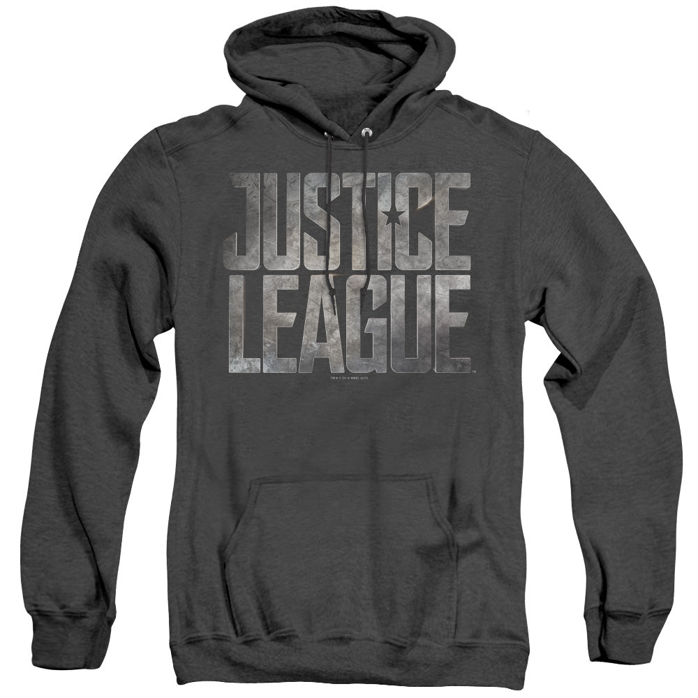 AN OFFCIALLY LICENSED JUSTICE LEAGUE MOVIE METAL LOGO ADULT UNISEX HEATHER PULLOVER HOODIE BLACK