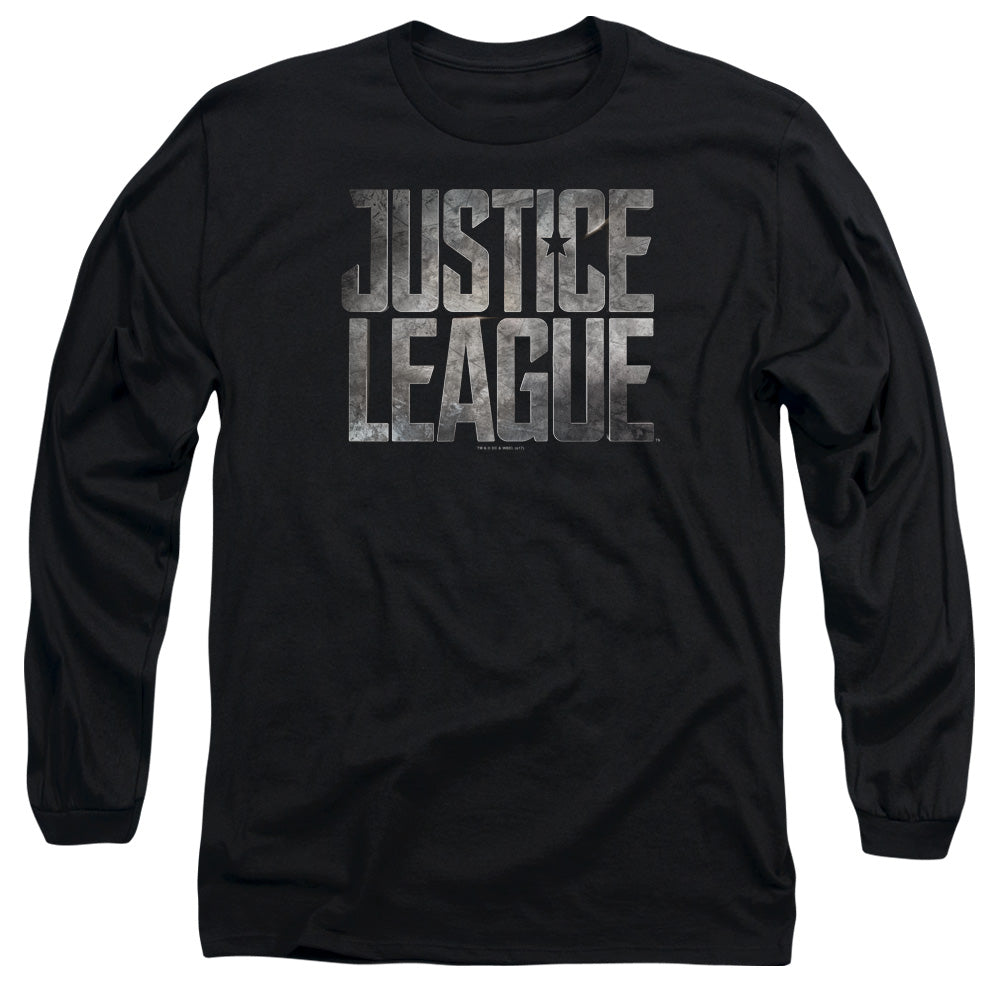 AN OFFCIALLY LICENSED JUSTICE LEAGUE MOVIE METAL LOGO MEN'S LONG SLEEVE T-SHIRT BLACK