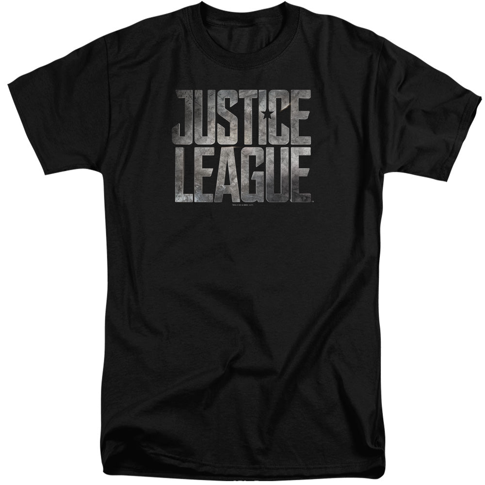 AN OFFCIALLY LICENSED JUSTICE LEAGUE MOVIE METAL LOGO MEN'S TALL FIT T-SHIRT BLACK