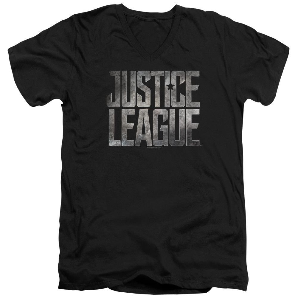 AN OFFCIALLY LICENSED JUSTICE LEAGUE MOVIE METAL LOGO MEN'S V-NECK T-SHIRT BLACK
