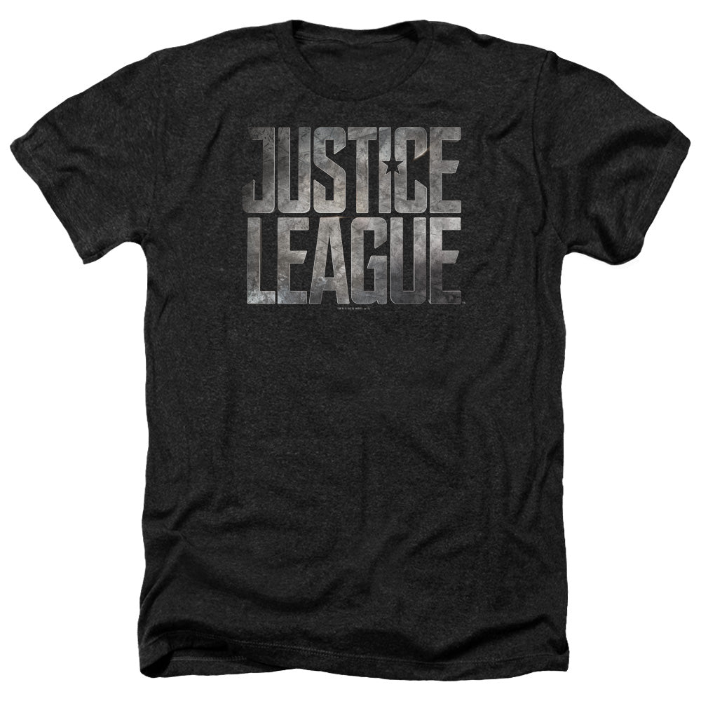 AN OFFCIALLY LICENSED JUSTICE LEAGUE MOVIE METAL LOGO MEN'S HEATHER T-SHIRT CHARCOAL