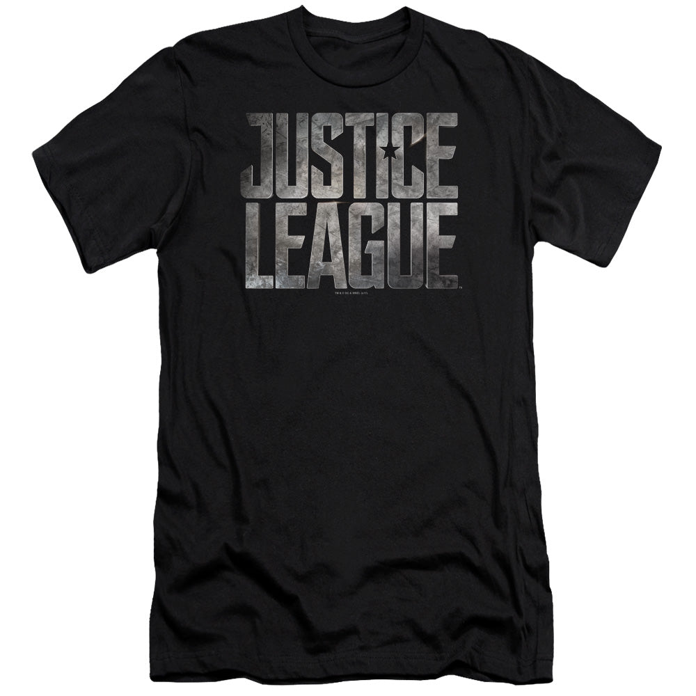 AN OFFCIALLY LICENSED JUSTICE LEAGUE MOVIE METAL LOGO MEN'S PREMIUM SLIM FIT T-SHIRT BLACK