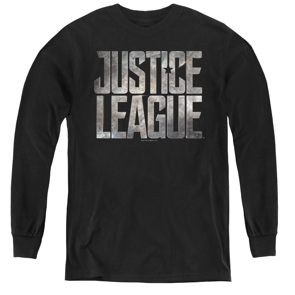 AN OFFCIALLY LICENSED JUSTICE LEAGUE MOVIE METAL LOGO YOUTH LONG SLEEVE T-SHIRT BLACK