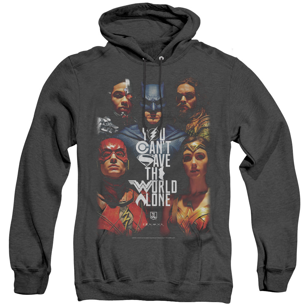 AN OFFCIALLY LICENSED JUSTICE LEAGUE MOVIE SAVE THE WORLD POSTER ADULT UNISEX HEATHER PULLOVER HOODIE BLACK