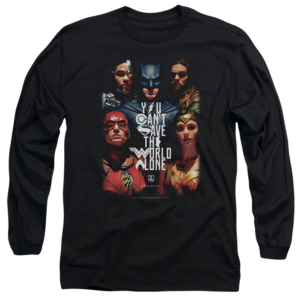 AN OFFCIALLY LICENSED JUSTICE LEAGUE MOVIE SAVE THE WORLD POSTER MEN'S LONG SLEEVE T-SHIRT BLACK