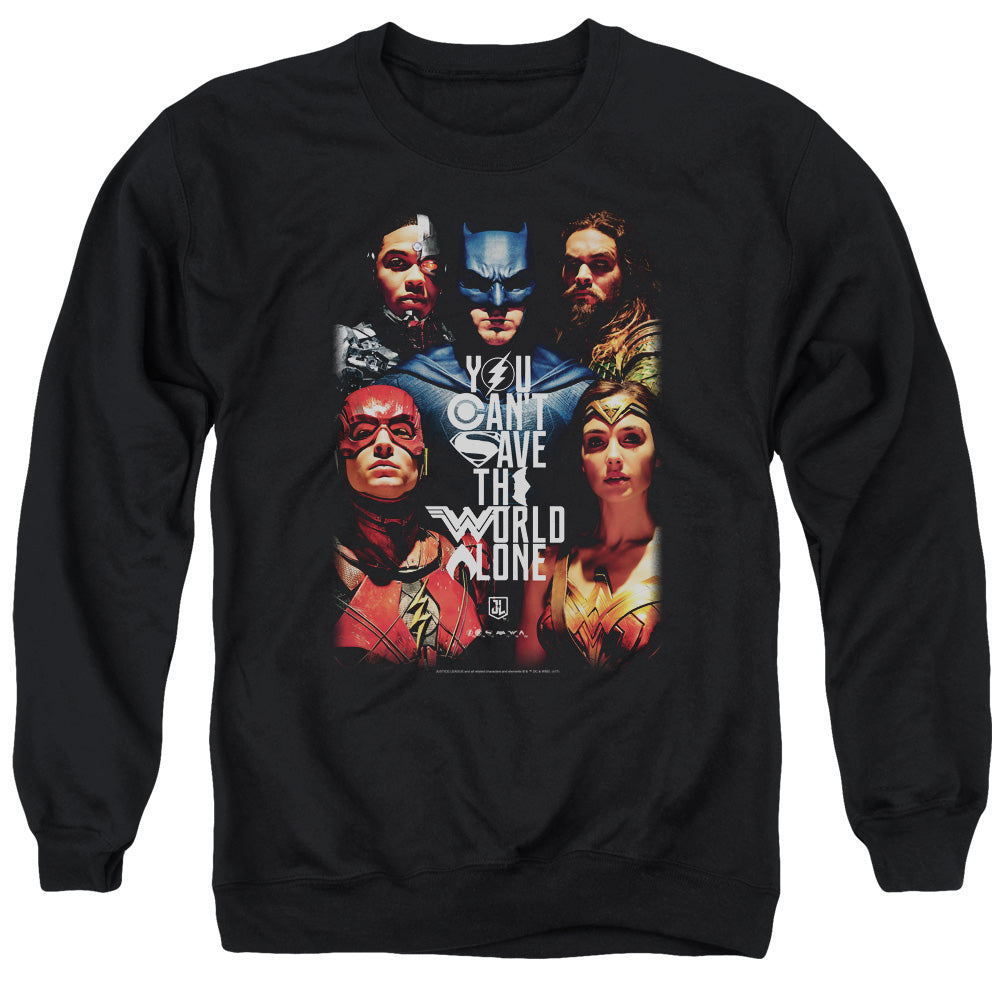 AN OFFCIALLY LICENSED JUSTICE LEAGUE MOVIE SAVE THE WORLD POSTER ADULT UNISEX CREWNECK SWEATSHIRT BLACK