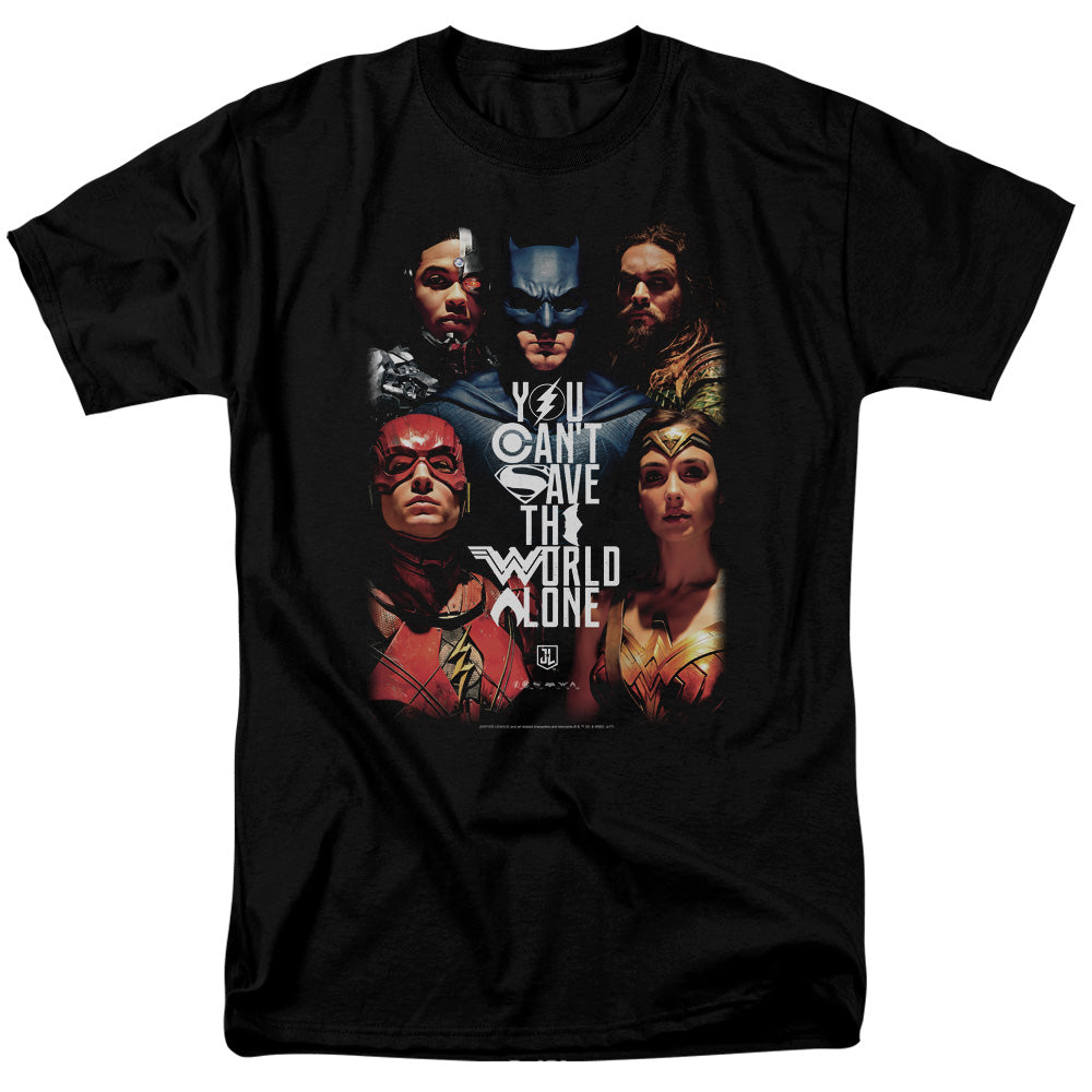 AN OFFCIALLY LICENSED JUSTICE LEAGUE MOVIE SAVE THE WORLD POSTER MEN'S REGULAR FIT T-SHIRT BLACK