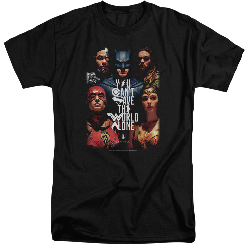 AN OFFCIALLY LICENSED JUSTICE LEAGUE MOVIE SAVE THE WORLD POSTER MEN'S TALL FIT T-SHIRT BLACK
