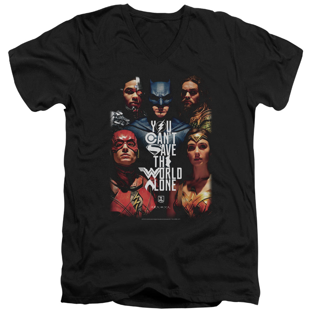 AN OFFCIALLY LICENSED JUSTICE LEAGUE MOVIE SAVE THE WORLD POSTER MEN'S V-NECK T-SHIRT BLACK