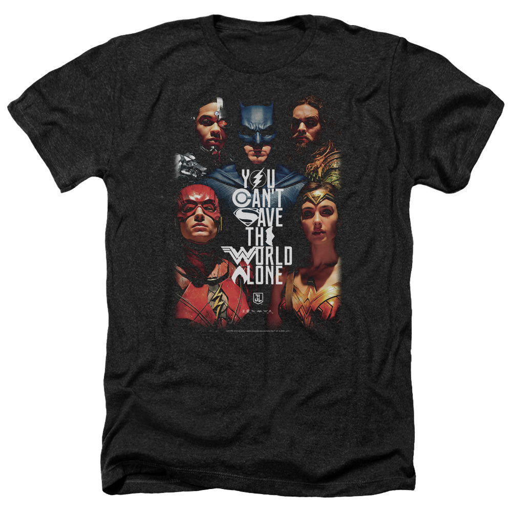 AN OFFCIALLY LICENSED JUSTICE LEAGUE MOVIE SAVE THE WORLD POSTER MEN'S HEATHER T-SHIRT CHARCOAL