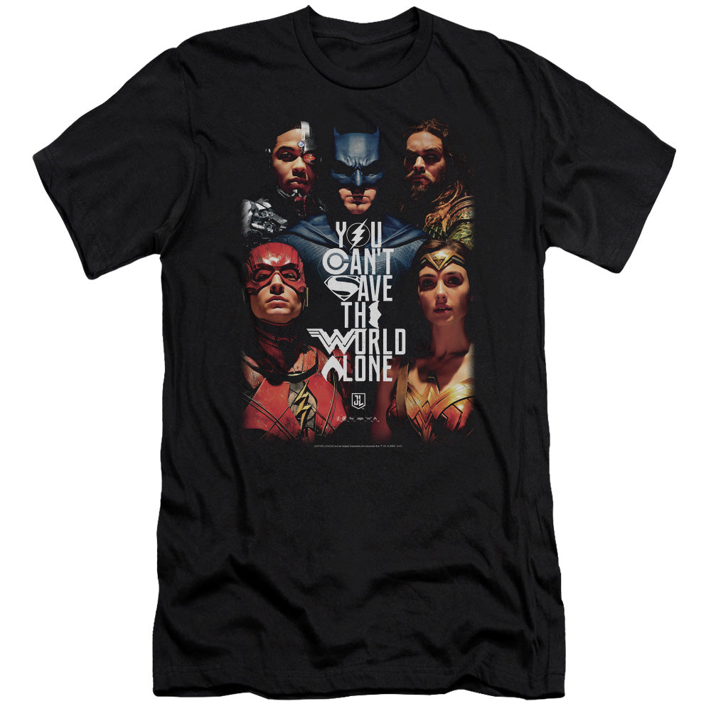 AN OFFCIALLY LICENSED JUSTICE LEAGUE MOVIE SAVE THE WORLD POSTER MEN'S PREMIUM SLIM FIT T-SHIRT BLACK