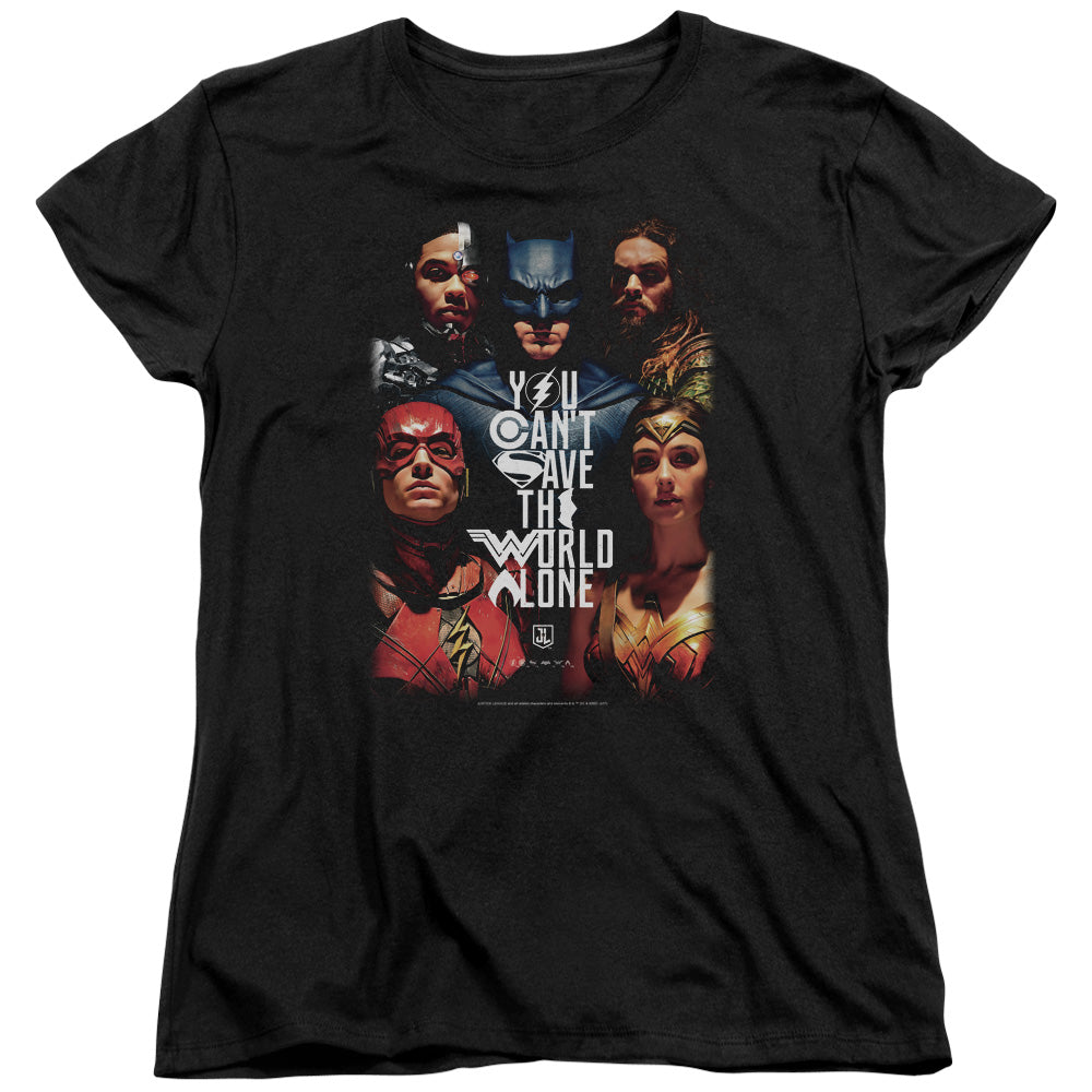 AN OFFCIALLY LICENSED JUSTICE LEAGUE MOVIE SAVE THE WORLD POSTER WOMEN'S REGULAR FIT T-SHIRT BLACK