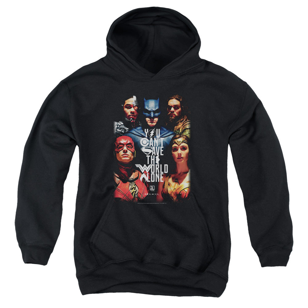 AN OFFCIALLY LICENSED JUSTICE LEAGUE MOVIE SAVE THE WORLD POSTER YOUTH HOODIE BLACK