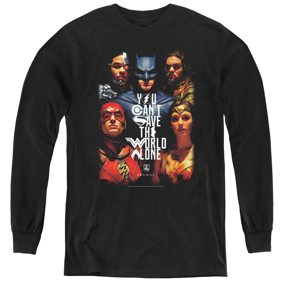 AN OFFCIALLY LICENSED JUSTICE LEAGUE MOVIE SAVE THE WORLD POSTER YOUTH LONG SLEEVE T-SHIRT BLACK