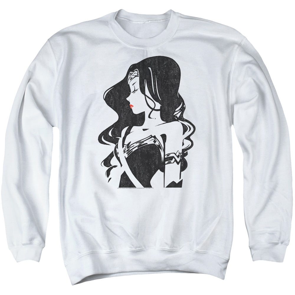 AN OFFCIALLY LICENSED JUSTICE LEAGUE MOVIE PROFILE ADULT UNISEX CREWNECK SWEATSHIRT WHITE