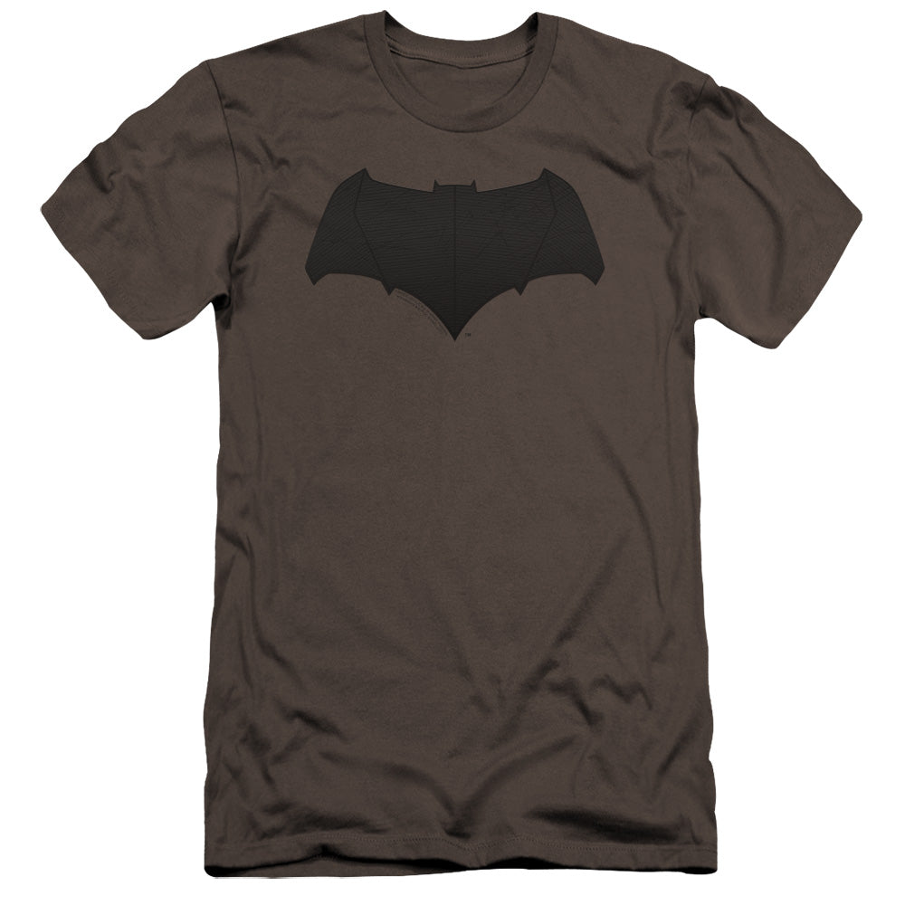 AN OFFCIALLY LICENSED JUSTICE LEAGUE MOVIE BATMAN LOGO MEN'S PREMIUM SLIM FIT T-SHIRT CHARCOAL