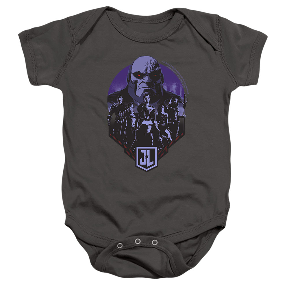 AN OFFCIALLY LICENSED JUSTICE LEAGUE MOVIE JUSTICE LEAGUE AND DARKSEID BABY BODYSUIT CHARCOAL