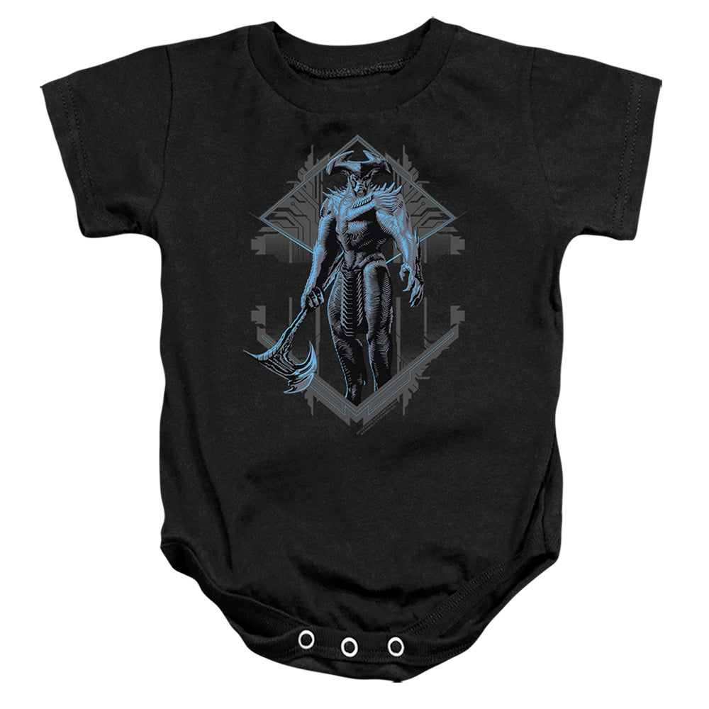 AN OFFCIALLY LICENSED JUSTICE LEAGUE MOVIE STEPPENWOLF TWO TONE BABY BODYSUIT BLACK