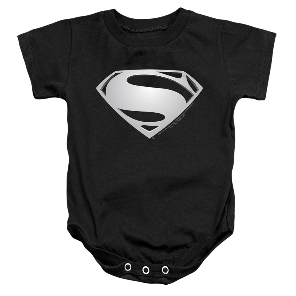 AN OFFCIALLY LICENSED JUSTICE LEAGUE MOVIE SUPERMAN SYMBOL BLACK SUIT 2 BABY BODYSUIT BLACK