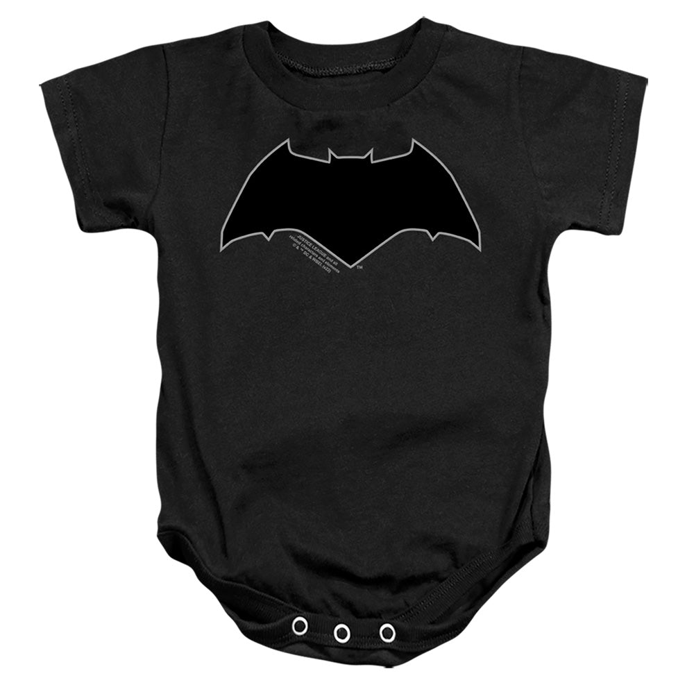 AN OFFCIALLY LICENSED JUSTICE LEAGUE MOVIE BATMAN LOGO GRAY OUTLINE BABY BODYSUIT BLACK