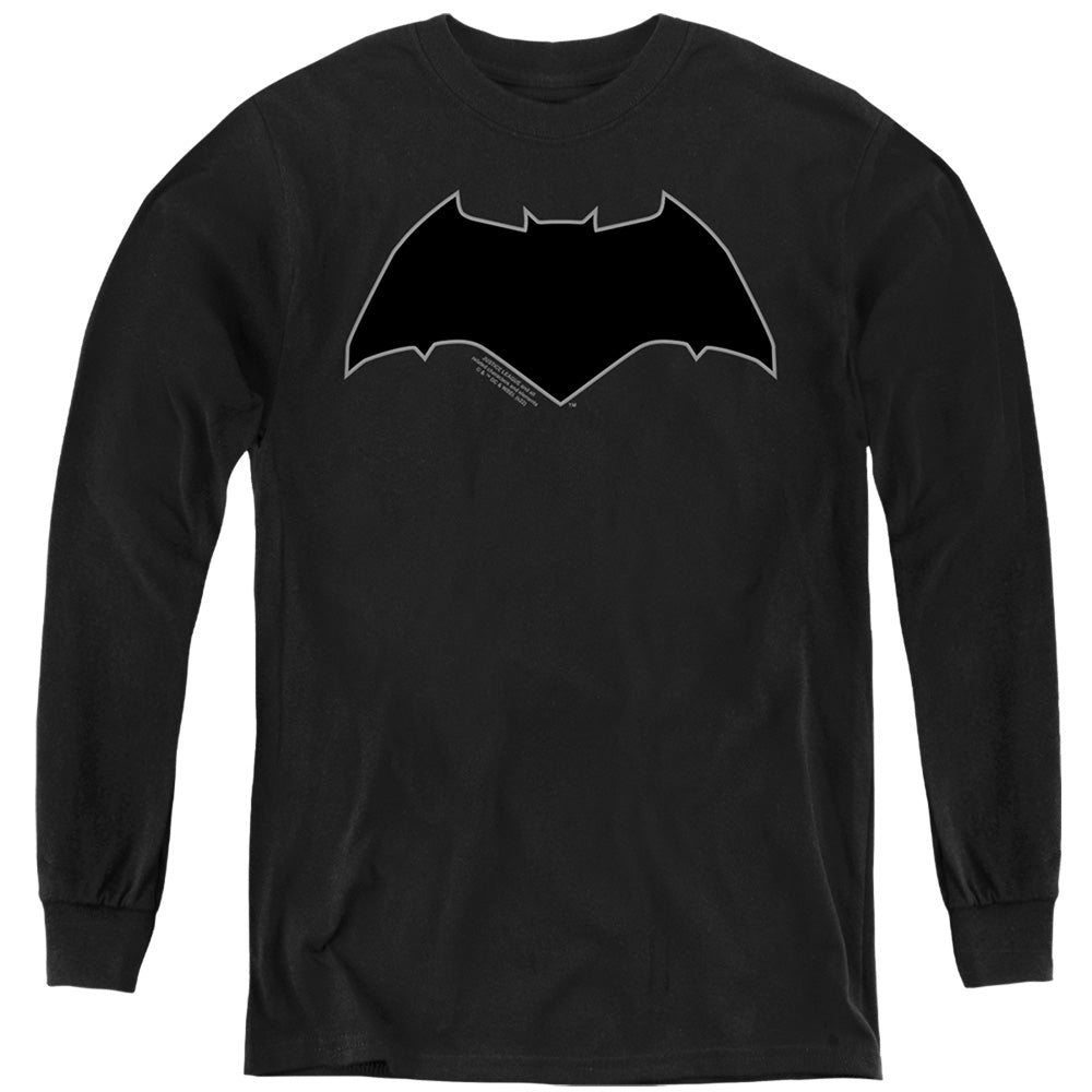 AN OFFCIALLY LICENSED JUSTICE LEAGUE MOVIE BATMAN LOGO GRAY OUTLINE YOUTH LONG SLEEVE T-SHIRT BLACK
