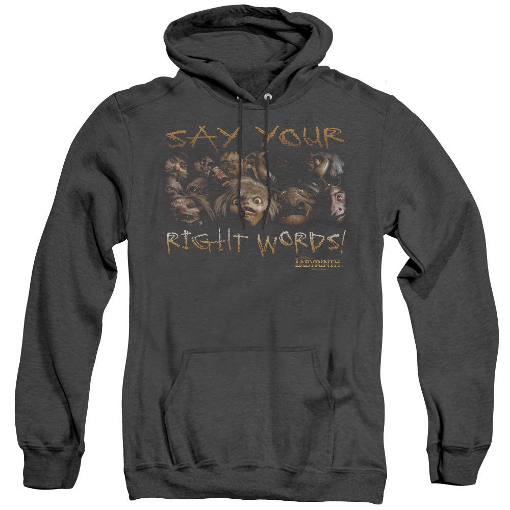 AN OFFCIALLY LICENSED LABYRINTH SAY YOUR RIGHT WORDS ADULT UNISEX HEATHER PULLOVER HOODIE BLACK