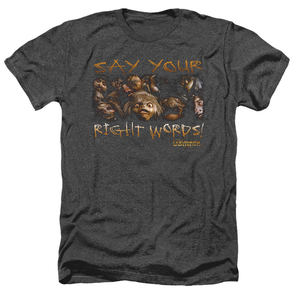 AN OFFCIALLY LICENSED LABYRINTH SAY YOUR RIGHT WORDS MEN'S HEATHER T-SHIRT CHARCOAL